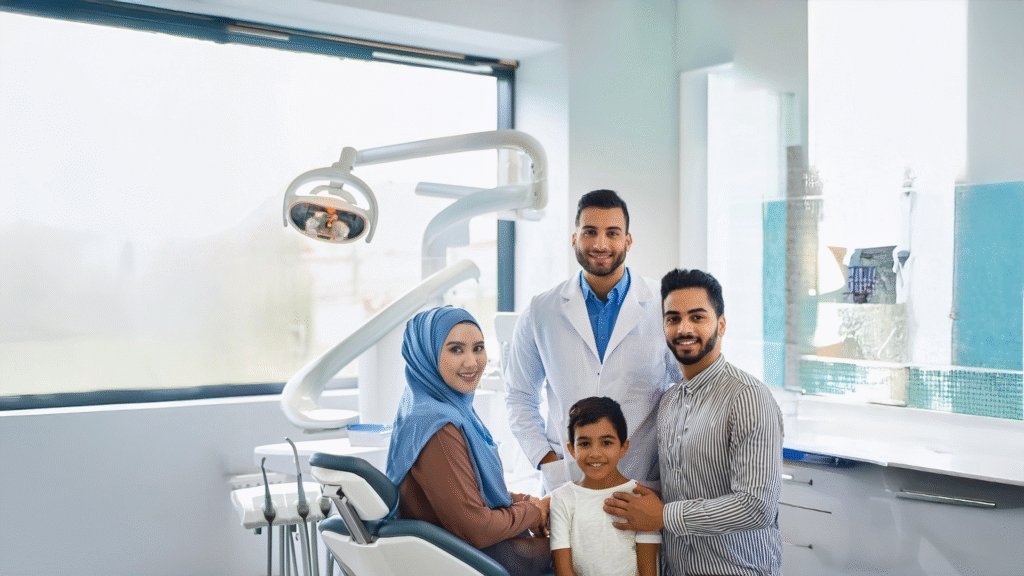 ght, welcoming dental clinic interior with a friendly Egyptian Muslim family — father, mother, and two children — smiling confidently beside a professional dentist. The mother is wearing a modern, elegant hijab. The atmosphere conveys trust, care, and affordability. Clean modern dental background with light blue and white tones, natural soft lighting, professional advertisement style.